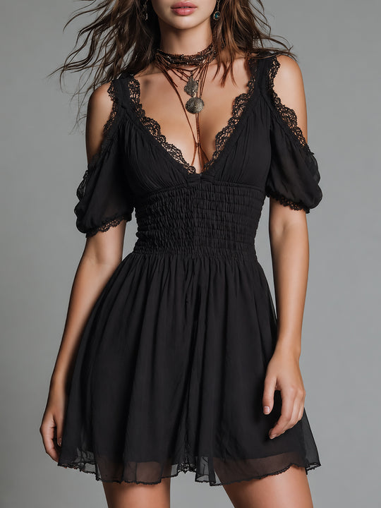 Boho Smocked-waist Cut-out Shoulders Chiffon Mini Dress