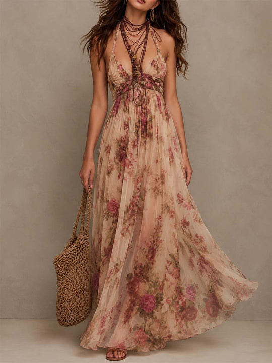 Floral Print Halter Deep V Ruched Waist Flowy Chiffon Maxi Dress
