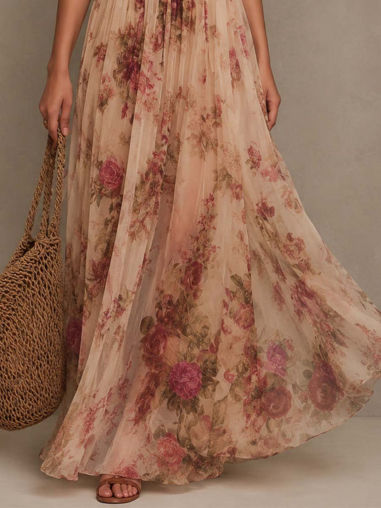 Floral Print Halter Deep V Ruched Waist Flowy Chiffon Maxi Dress