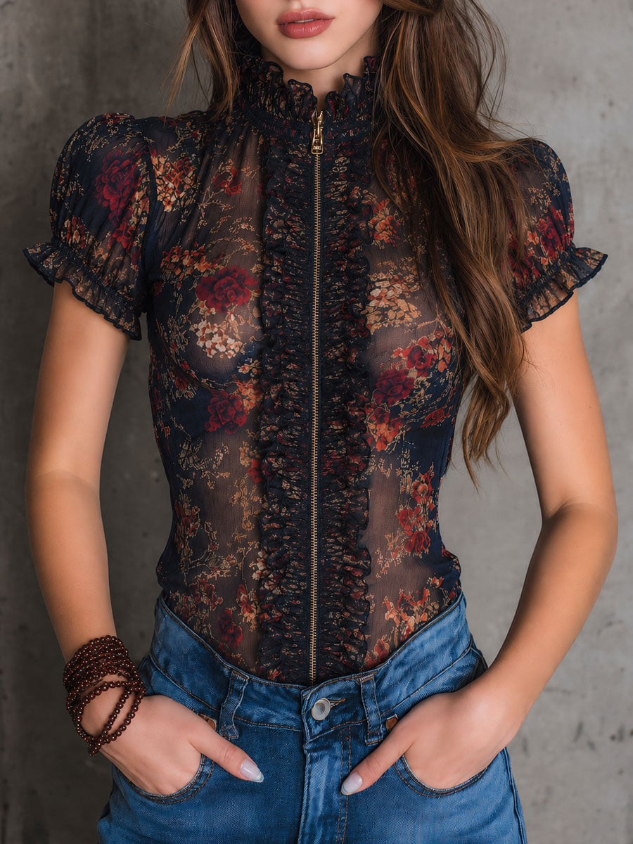 Vintage Gothic Sheer Floral High Ruffled Neck Lace Zip-Up Blouse