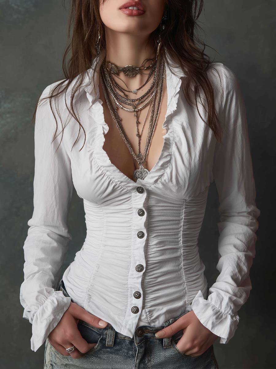 Vintage Ruffle Trim Ruched Blouse