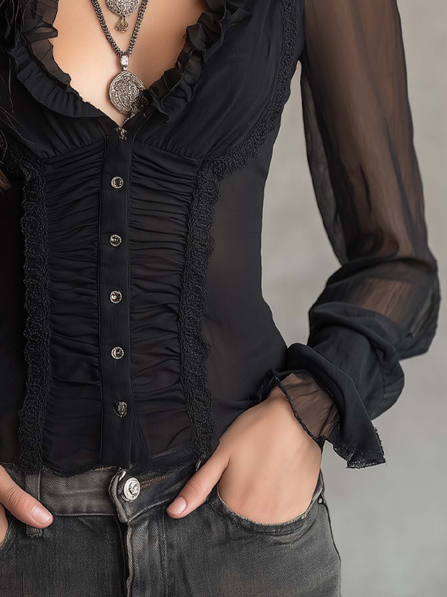 Vintage Ruffle Lace Trim Sheer Ruched Blouse