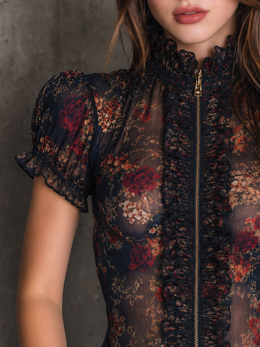 Vintage Gothic Sheer Floral High Ruffled Neck Lace Zip-Up Blouse