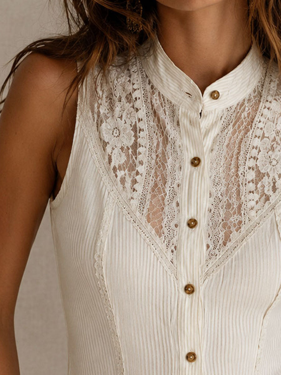 Vintage Boho Sleeveless Lace Panel Blouse