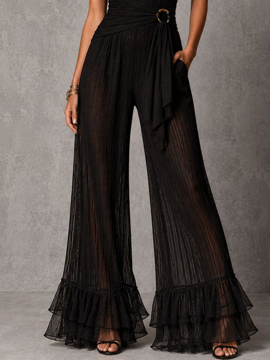 Boho Romantic Black Lace Waist Tie Halter Sheer Pleated Wide-Leg Jumpsuit