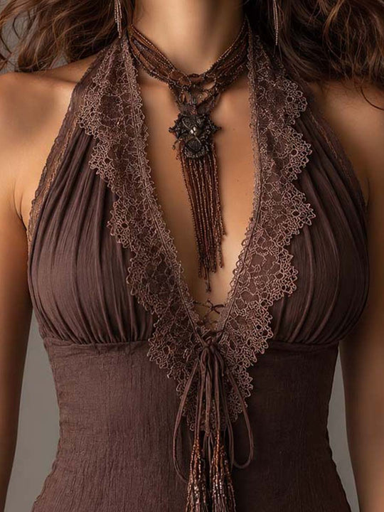 Vintage Boho Crinkled Texture Lace Trim Halter Top