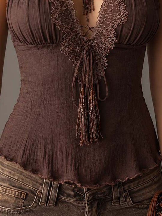 Vintage Boho Crinkled Texture Lace Trim Halter Top