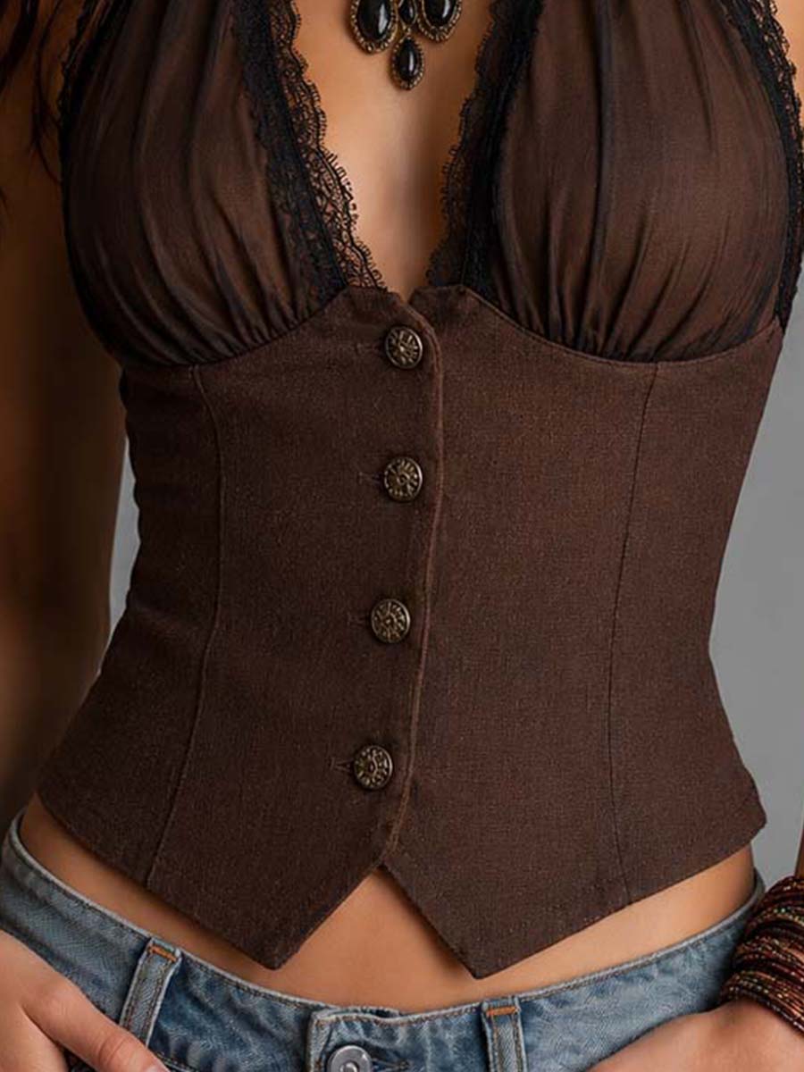 Boho Lace Halter Deep V Button Front Corset Sleeveless Vest Top