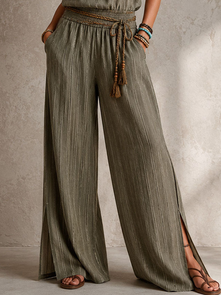 Bohemian Olive Stripe Smocked Waist Halter Wide-Leg Jumpsuit