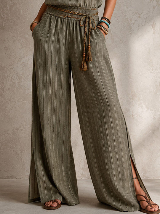 Bohemian Olive Stripe Smocked Waist Halter Wide-Leg Jumpsuit