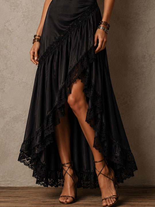 Boho Elegant Black Lace Trim Wrap Maxi Dress