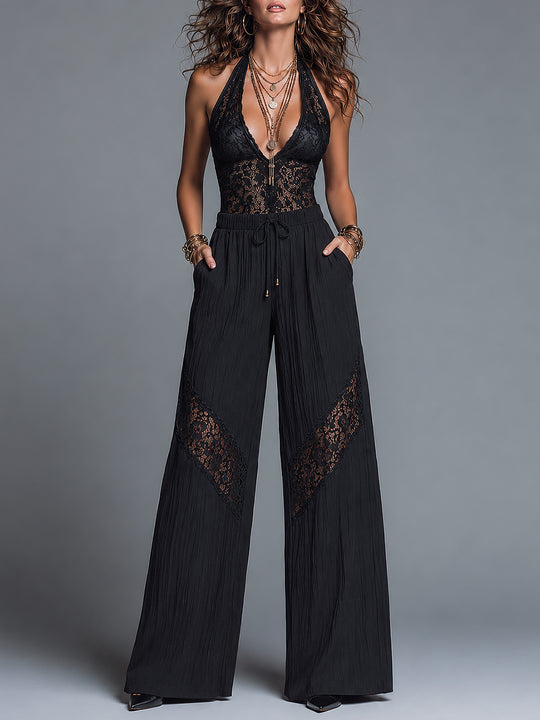 Vintage-style Halter-neck Lace Top & Crinkled Chiffon Wide-leg Pants Set