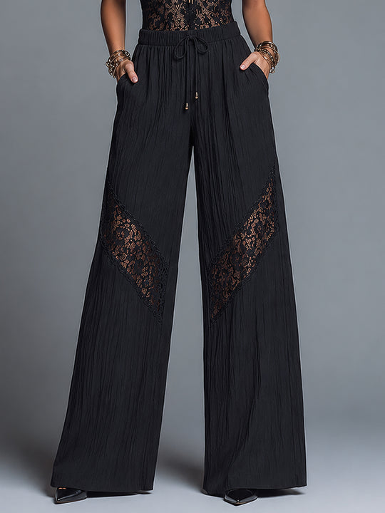 Vintage-style Halter-neck Lace Top & Crinkled Chiffon Wide-leg Pants Set
