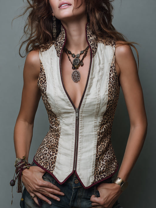 Retro Leopard-print Panelled Front Zipper Slim-fit Vest