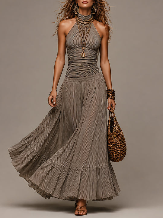 Halter-neck Striped Tank Top & Ruffled-hem Maxi Skirt Set