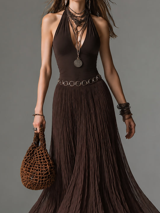 Boho Halter-neck Pleated Chiffon Maxi Dress With Belt