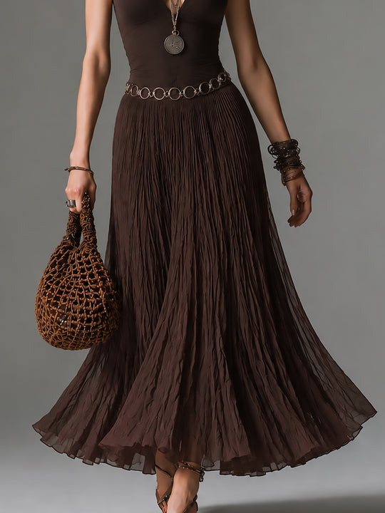 Boho Halter-neck Pleated Chiffon Maxi Dress With Belt