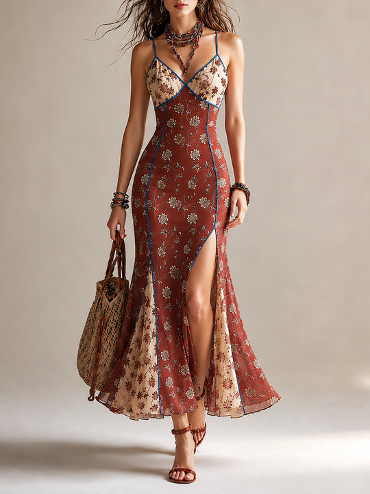 Elegant Printed Chiffon High-slit Mermaid Camisole Maxi Dress