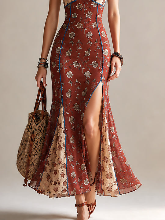 Elegant Printed Chiffon High-slit Mermaid Camisole Maxi Dress