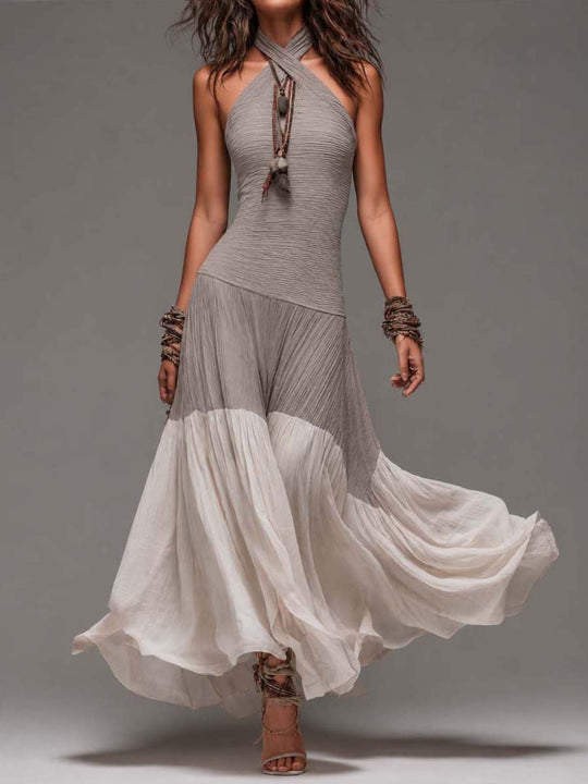 Vintage Boho Crinkle Cotton Halter Cross-Neck Maxi Dress