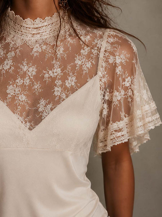 Vintage High Neck Floral Lace Flutter Sleeve Blouse