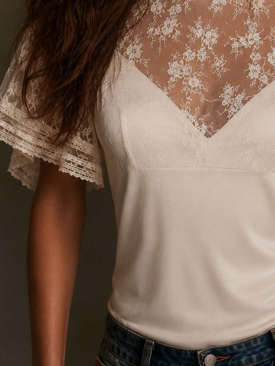 Vintage High Neck Floral Lace Flutter Sleeve Blouse