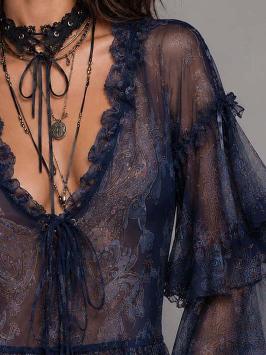 Vintage-style Paisley Print Sheer Chiffon Shirt