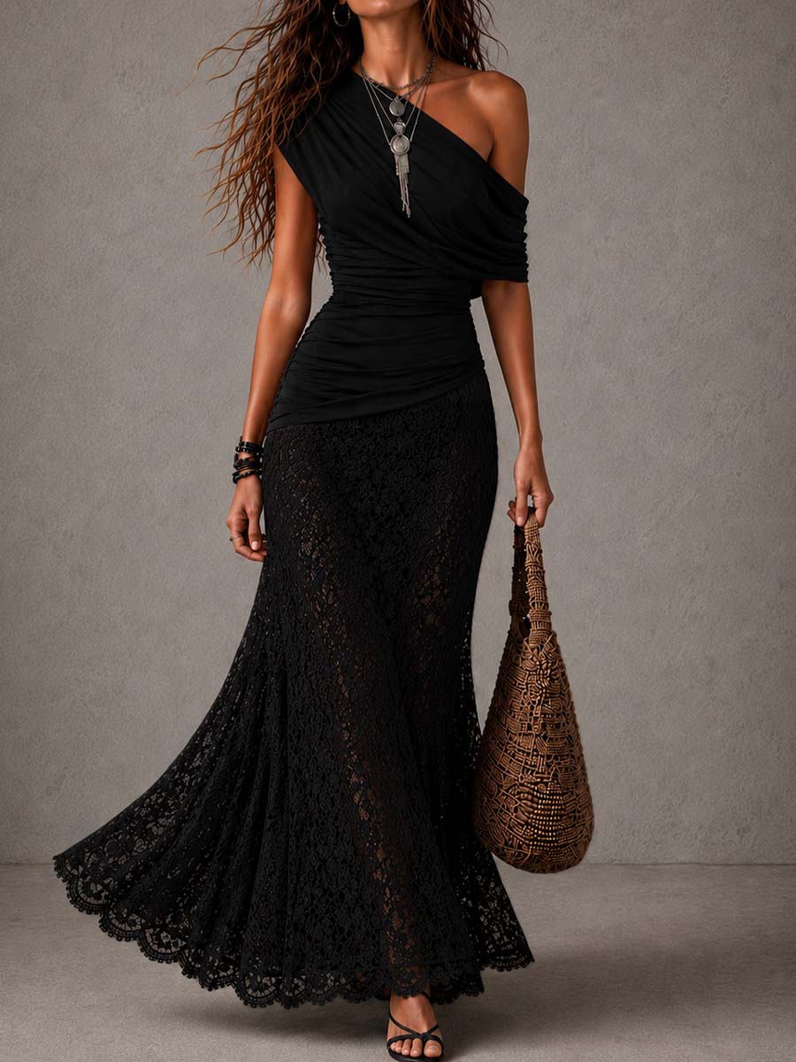 Vintage Black Asymmetrical Ruched Top Lace Mermaid Maxi Dress