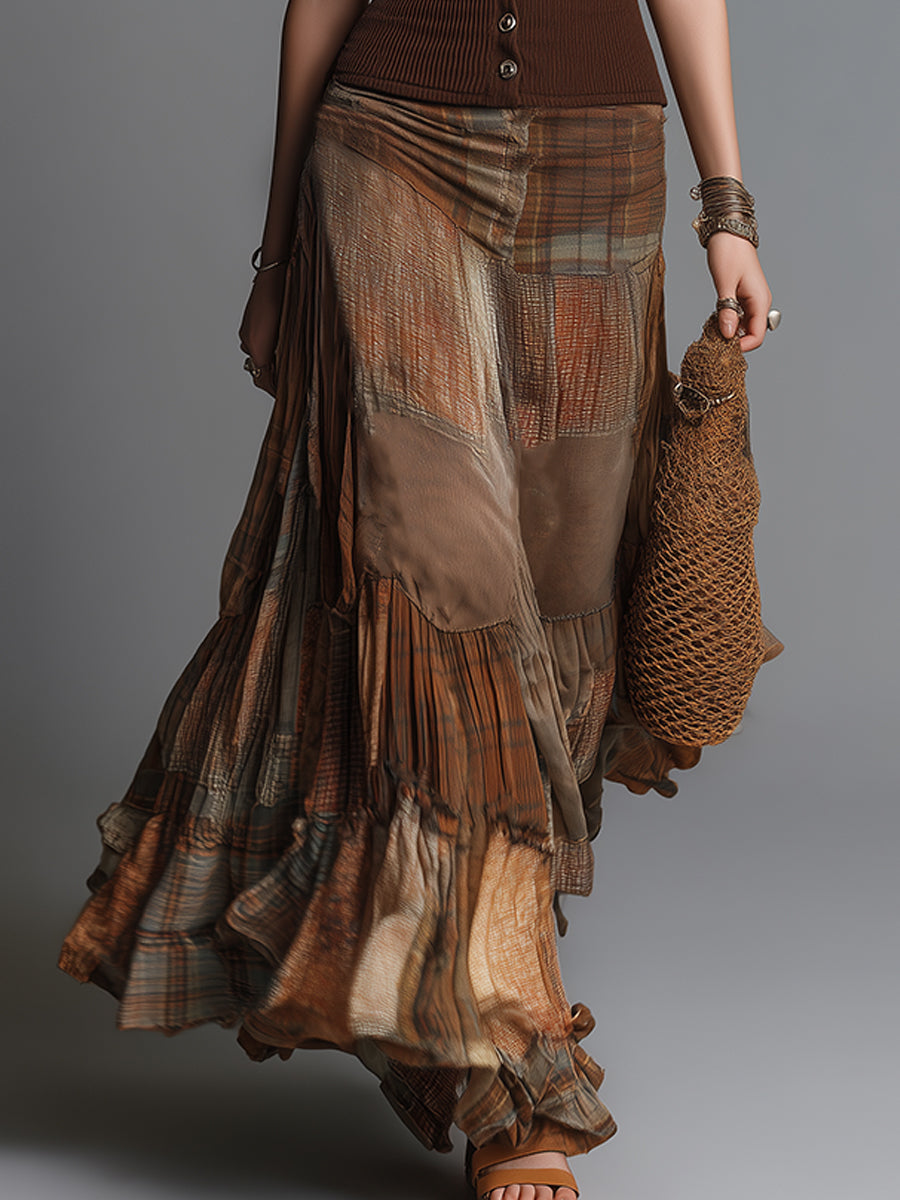 Boho-style Ribbed Camisole & Plaid-panel Maxi Skirt Set