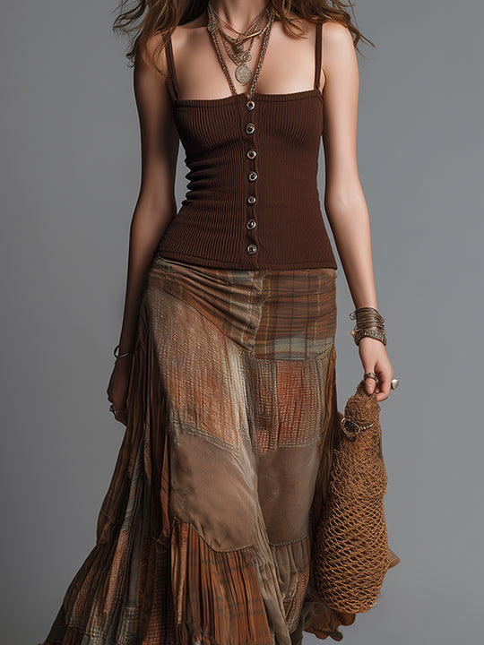 Boho-style Ribbed Camisole & Plaid-panel Maxi Skirt Set