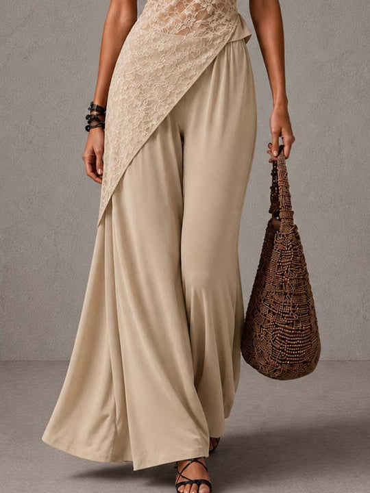Vintage Lace Asymmetrical Top & Wide Leg Pants 2-Piece Set
