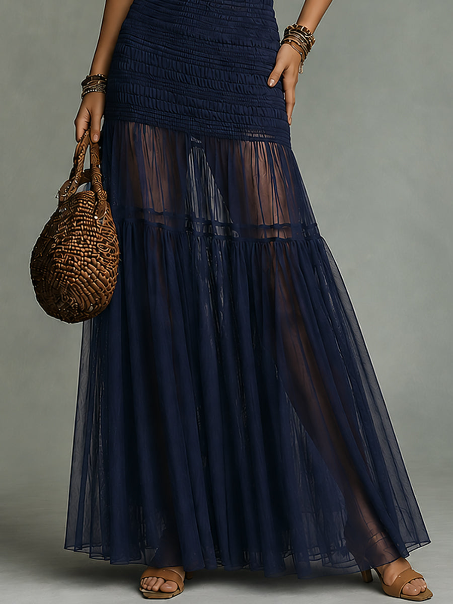 Boho-style Halter-neck Smocking Mesh Paneling Maxi Dress