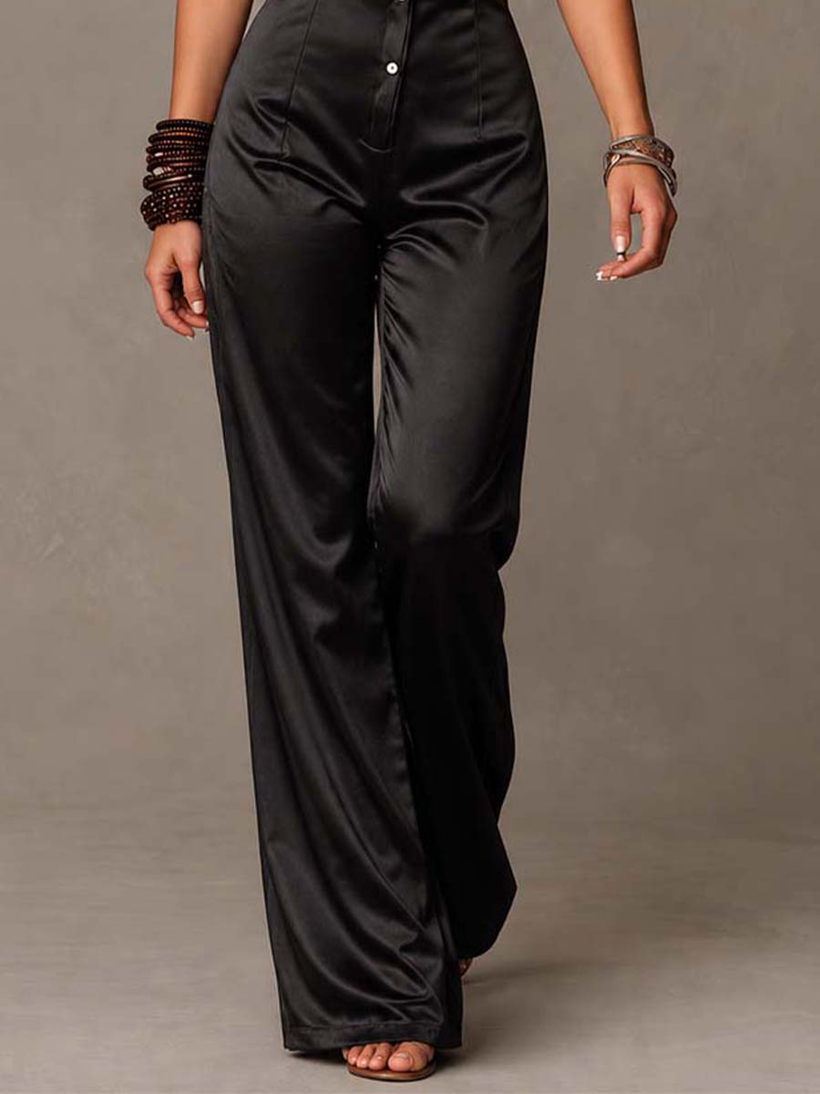 Halter Lace Satin Button Front Wide Leg Jumpsuit