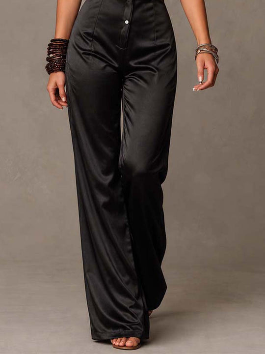 Halter Lace Satin Button Front Wide Leg Jumpsuit