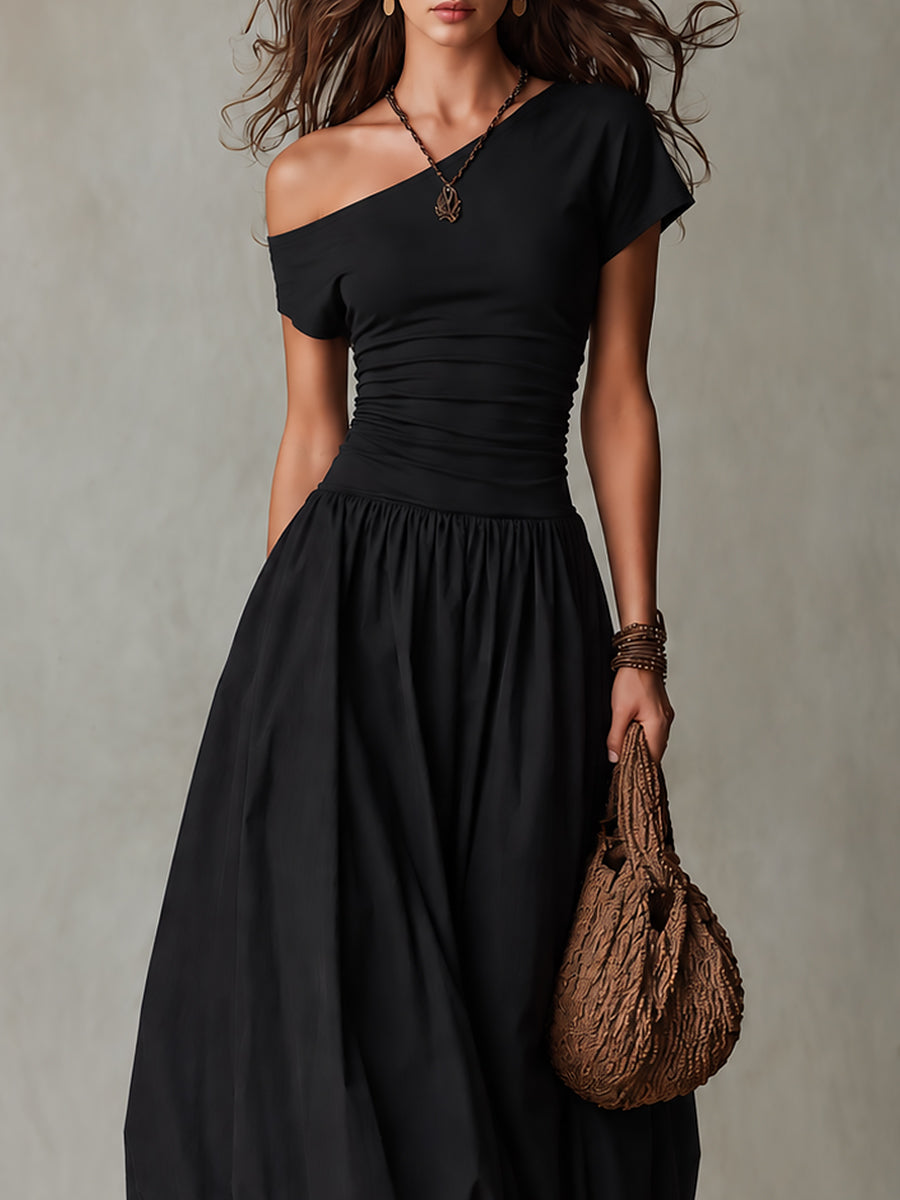 Vintage-style One-shoulder Balloon Hem Maxi Dress