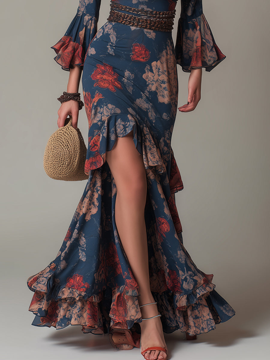 Vintage Floral Print Ruffle Trim High-low Maxi Dress