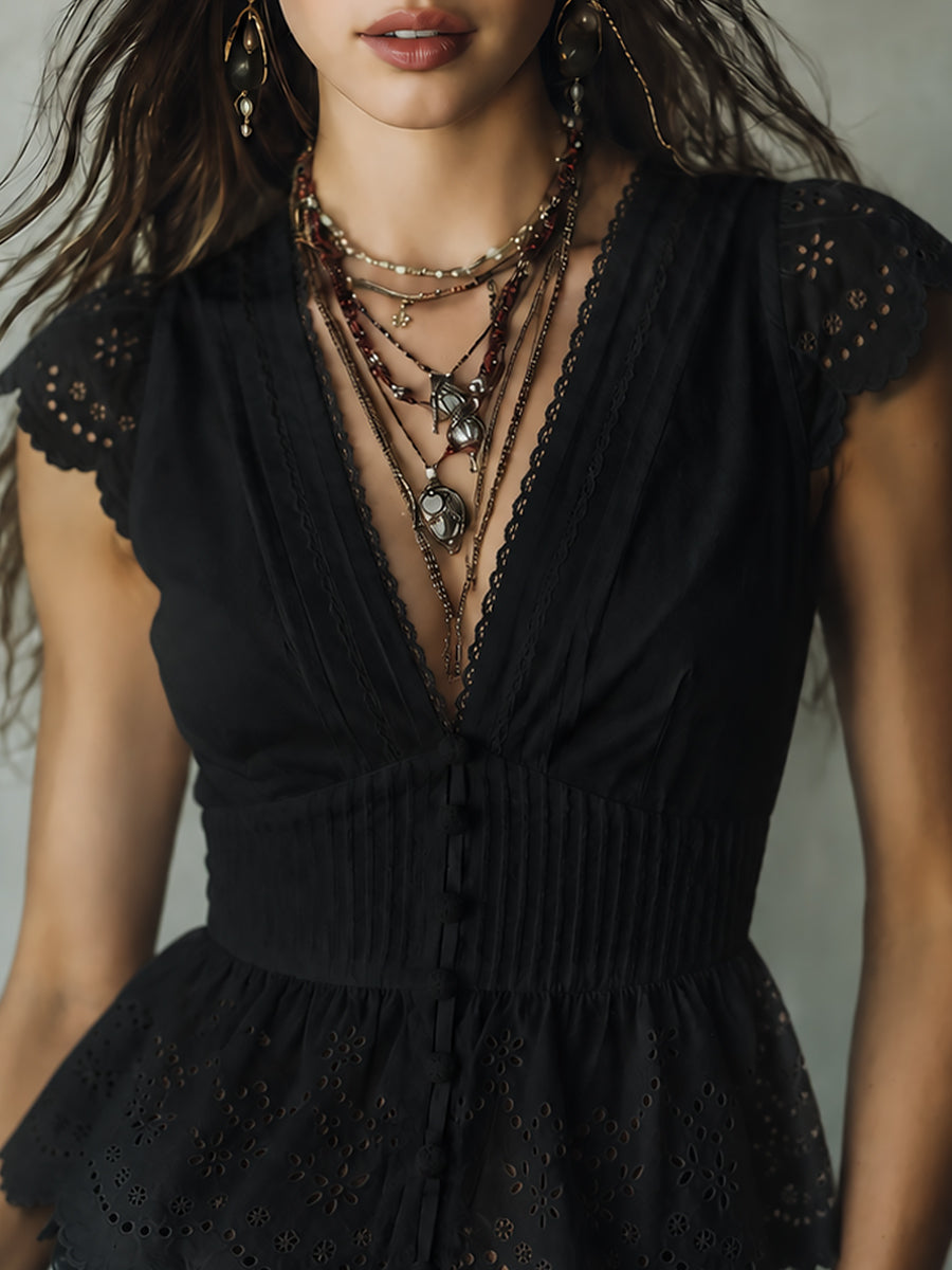 Vintage Cutwork Embroidery  Blouse With Ruffled Hem