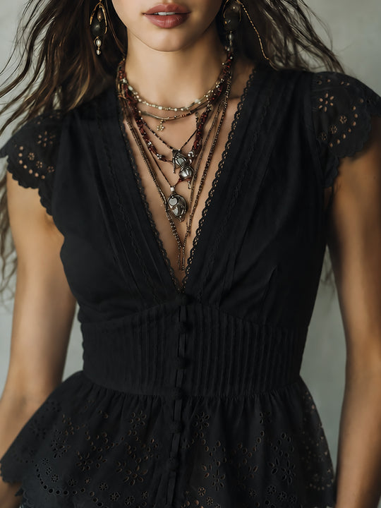 Vintage Cutwork Embroidery  Blouse With Ruffled Hem