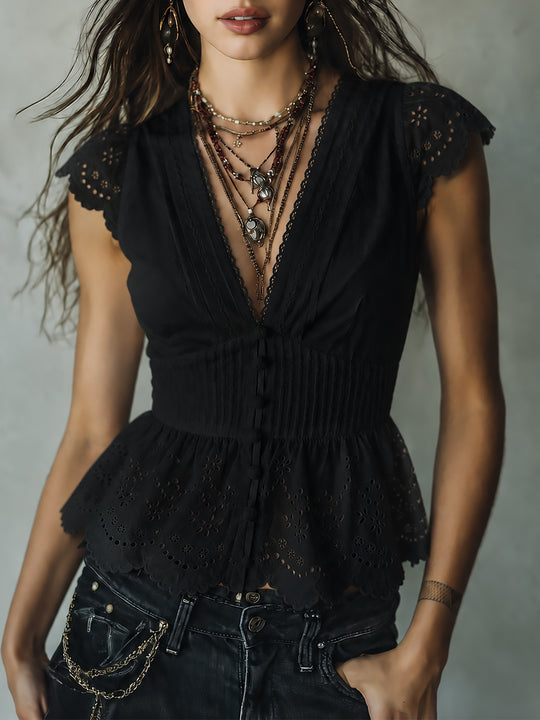 Vintage Cutwork Embroidery  Blouse With Ruffled Hem