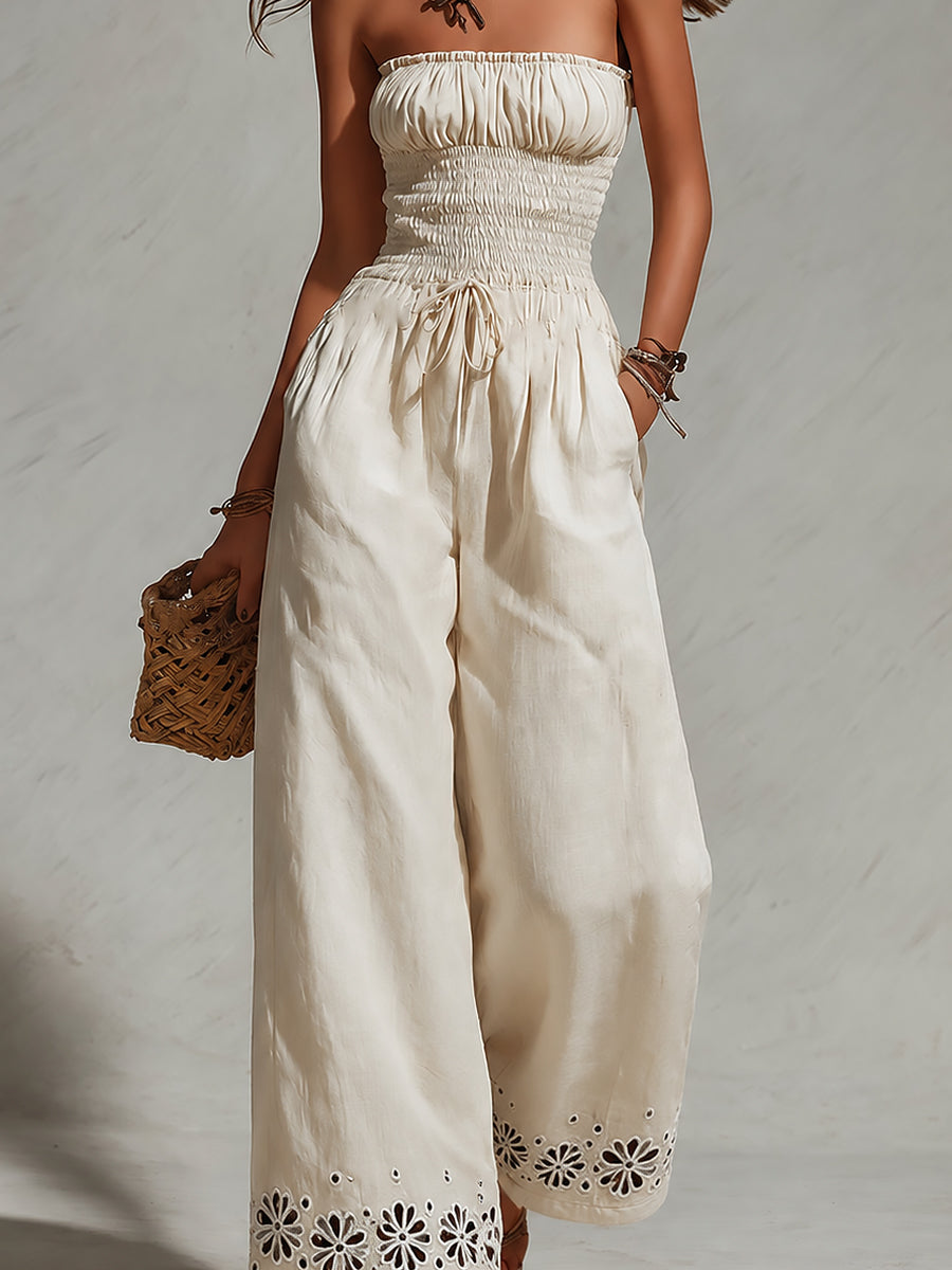 Smocked Strapless Cut-Out Embroidered Wide-Leg Jumpsuit
