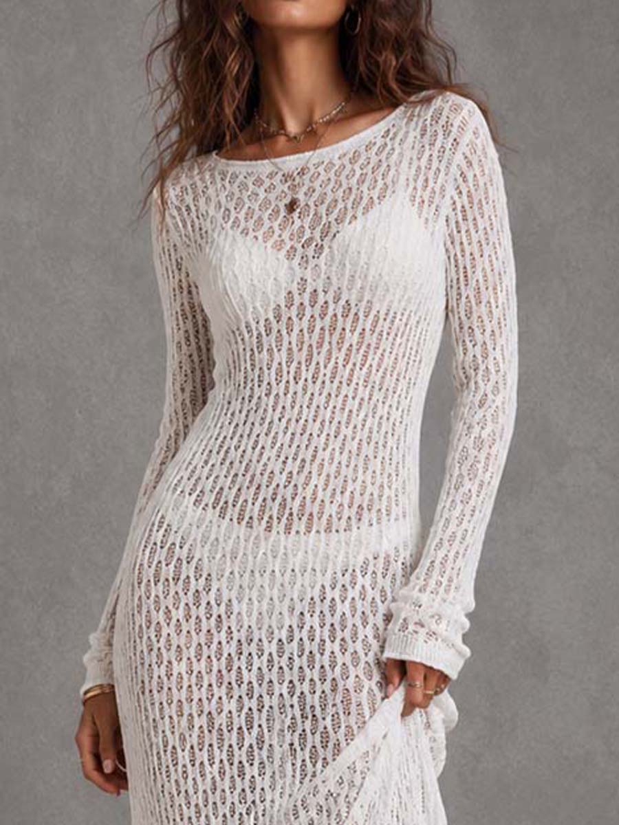 Boho Long Sleeve Hollow Knit Asymmetrical Midi Dress