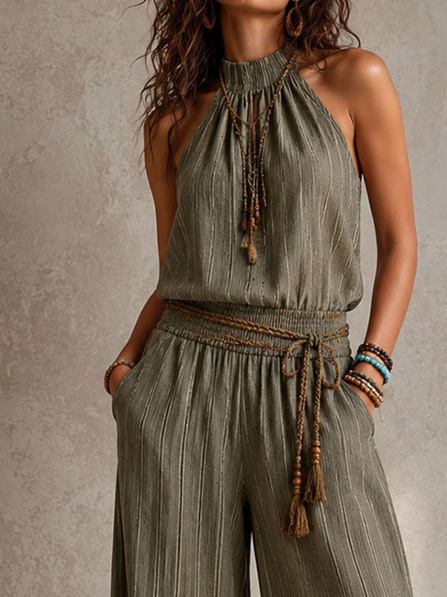 Boho Olive Stripe Halter Smocked Waist Wide-Leg Jumpsuit