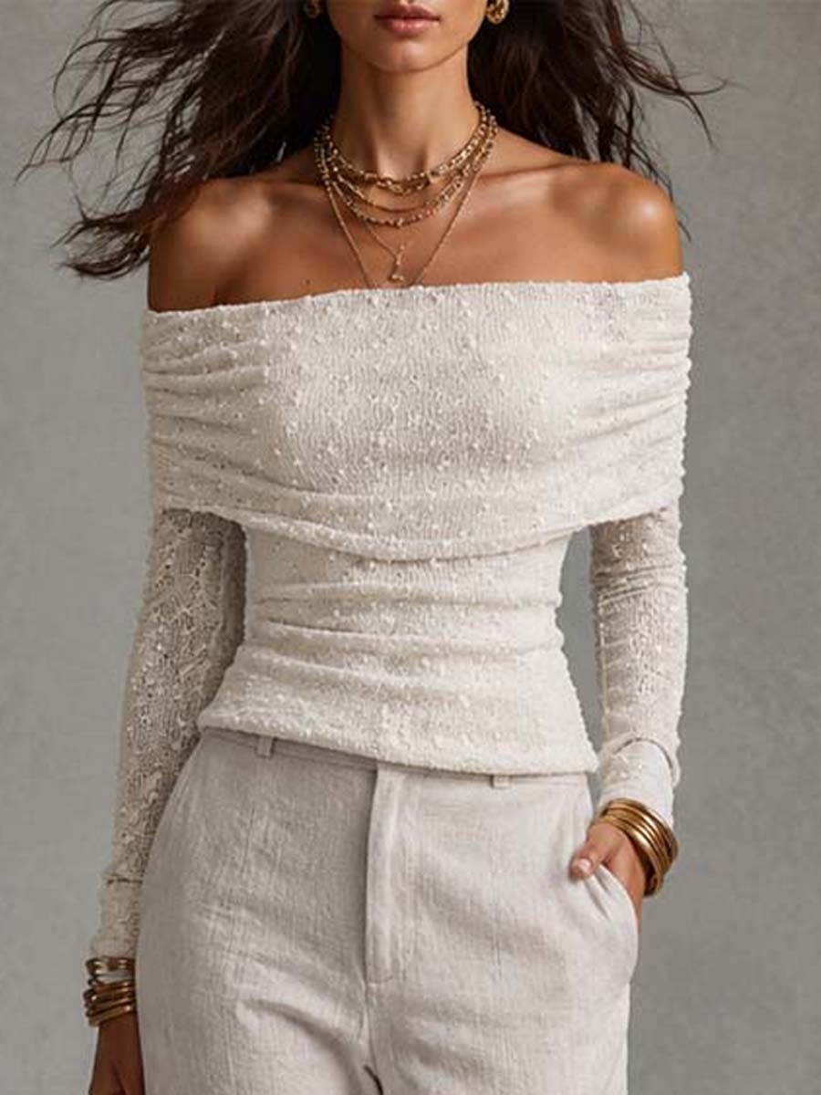 Off Shoulder Knit Texture Long Sleeve Top & Linen Wide Leg Pants Two Piece Set