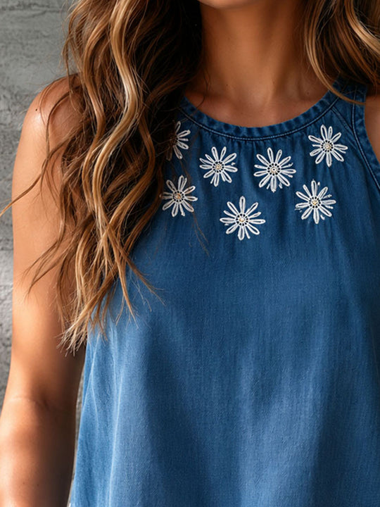 Boho Casual Blue Denim Eyelet Embroidery Sleeveless Blouse