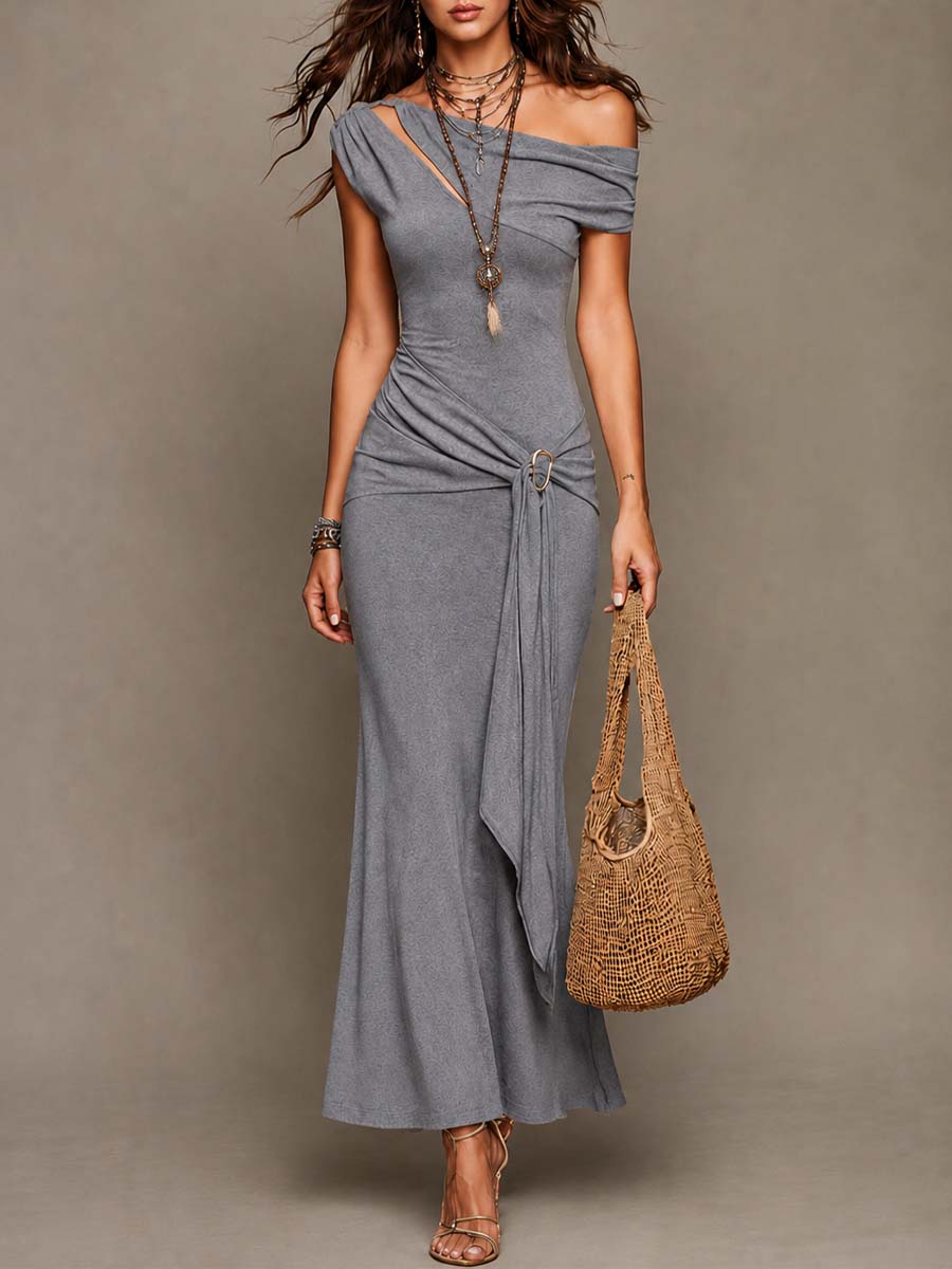 Asymmetrical Off Shoulder Ruched Tie Detail Mermaid Maxi Dress