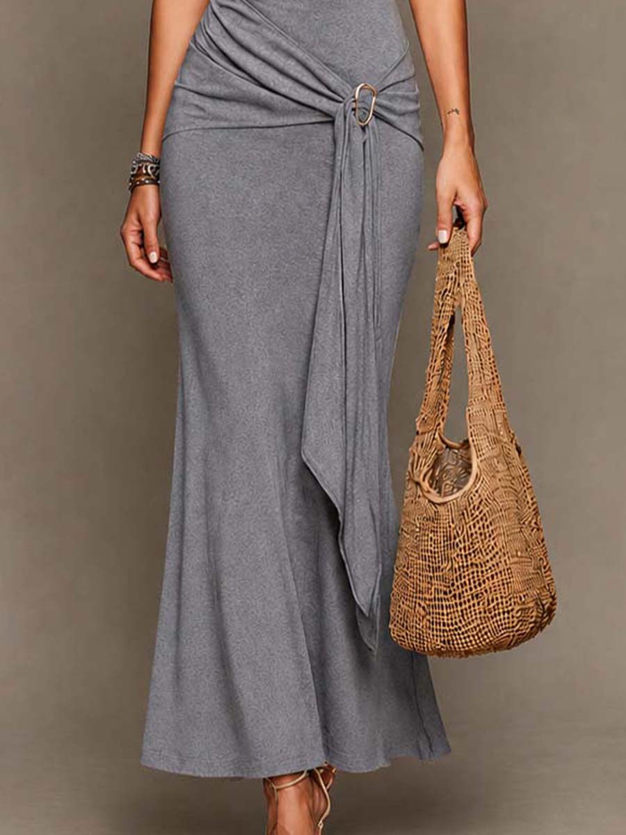 Asymmetrical Off Shoulder Ruched Tie Detail Mermaid Maxi Dress