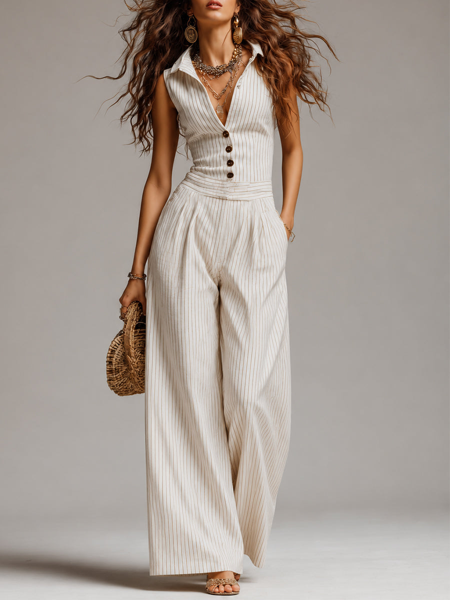 Retro Striped Shirt Collar Wide-Leg Jumpsuit With Button Detail