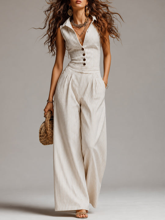 Retro Striped Shirt Collar Wide-Leg Jumpsuit With Button Detail