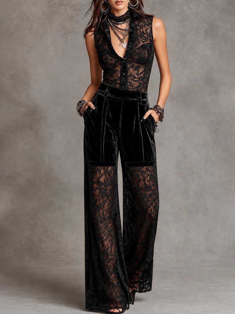 Elegant Retro Sleeveless Collared Lace Spliced Velvet Wide Leg Jumpsuit
