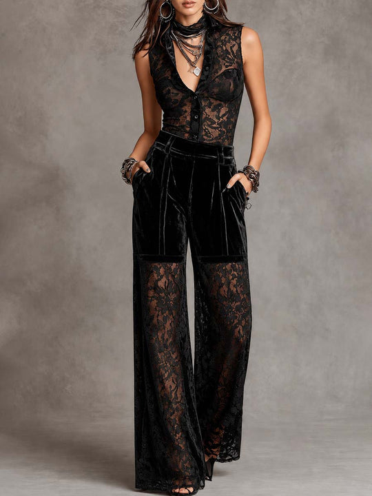 Elegant Retro Sleeveless Collared Lace Spliced Velvet Wide Leg Jumpsuit